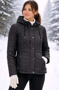 NWT Sebby Hooded Water-Resistant Diamond Quilted Jacket in Black Size M